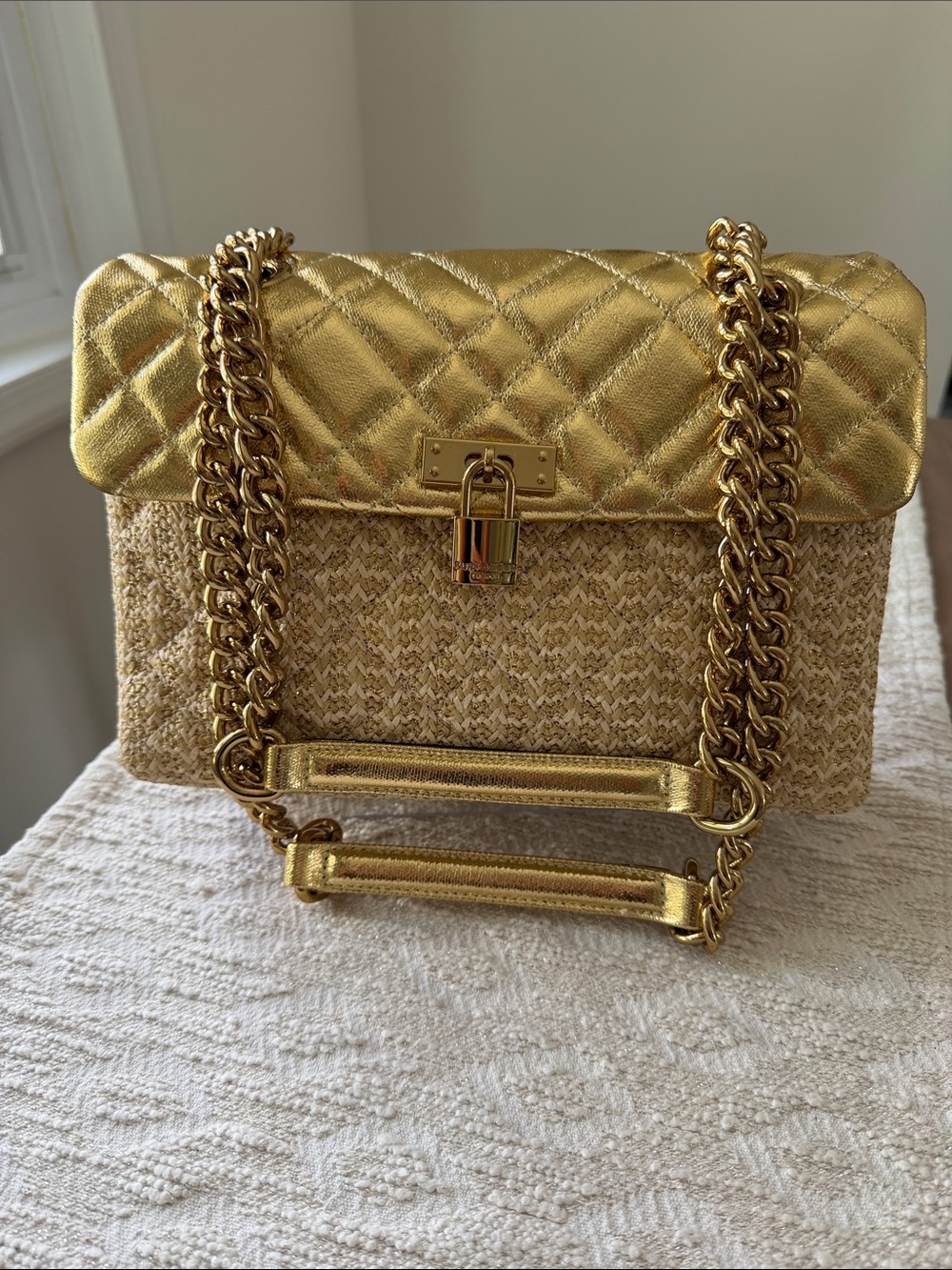 Kurt Geiger The Brixton Metallic Gold Quilted & Woven Shoulder Bag w/Chain Strap